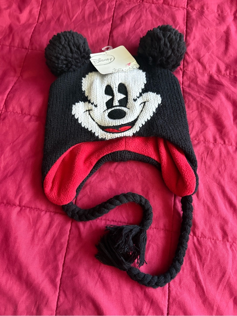 Disney Black & Red Mickey Mouse Earflap Pom Hat